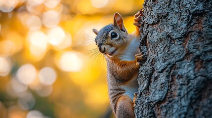 Obraz premium Fluffy grey rodent scampers up tree trunk, bushy tail twitching, searching for tasty nuts in sunny park