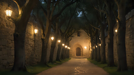Obraz premium a many trees lining the walkway in the dark