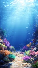 Fototapeta premium Symphonic Corals: An Animated Underwater Ballet of Corals and Marine Life in an Abstract Oceanic Art Odyssey,Abstract concepts, game concept art, storybook illustrations, comic strips, book illustrati