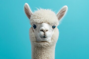 Obraz premium Funny white alpaca on blue background, ai