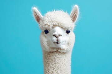 Obraz premium Funny white alpaca on blue background, ai