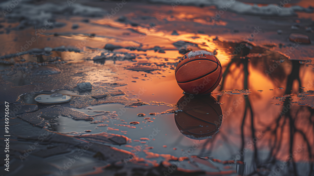 Wall mural A basketball is sitting in a puddle of water