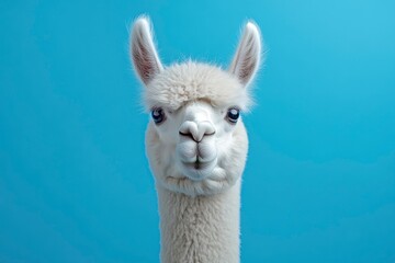 Obraz premium Funny white alpaca on blue background, ai