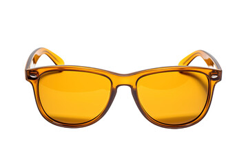Fototapeta premium Bright Yellow-Tinted Sunglasses Resting on a Clean White Surface in Soft Natural Light on Transparent PNG Background.