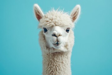 Obraz premium Funny white alpaca on blue background, ai