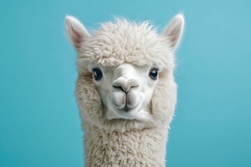 Obraz premium Funny white alpaca on blue background, ai