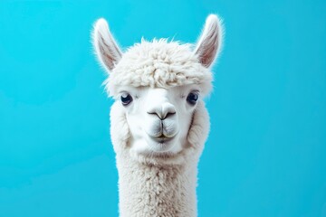 Obraz premium Funny white alpaca on blue background, ai
