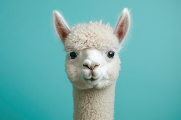 Obraz premium Funny white alpaca on blue background, ai