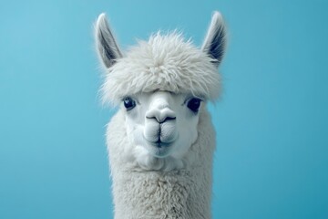 Obraz premium Funny white alpaca on blue background, ai