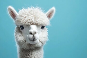 Obraz premium Funny white alpaca on blue background, ai
