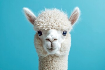 Obraz premium Funny white alpaca on blue background, ai