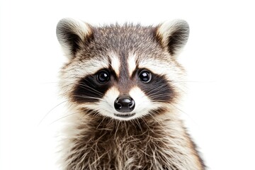 Fototapeta premium Portrait of a cute funny raccoon, closeup, isolated on a white background , ai