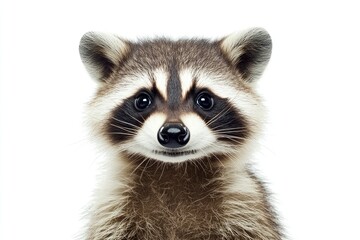 Fototapeta premium Portrait of a cute funny raccoon, closeup, isolated on a white background , ai