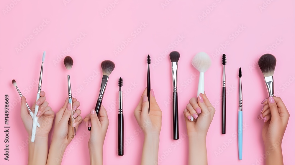 Poster a colorful array of makeup brushes held by multiple hands against a pink background