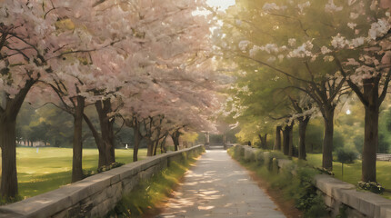 Obraz premium a painting of a park with a bench and trees