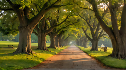Fototapeta premium trees line a path in a park with benches and benches