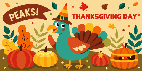 Naklejka premium A turkey in a witch hat is surrounded by pumpkins on Thanksgiving. A whimsical turkey, adorning a witch hat, is playfully surrounded by an array of vibrant pumpkins and fallen leaves during thanksgivi