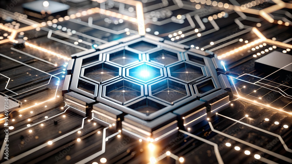 Poster futuristic blue digital circuit with hexagonal pattern and glowing nodes