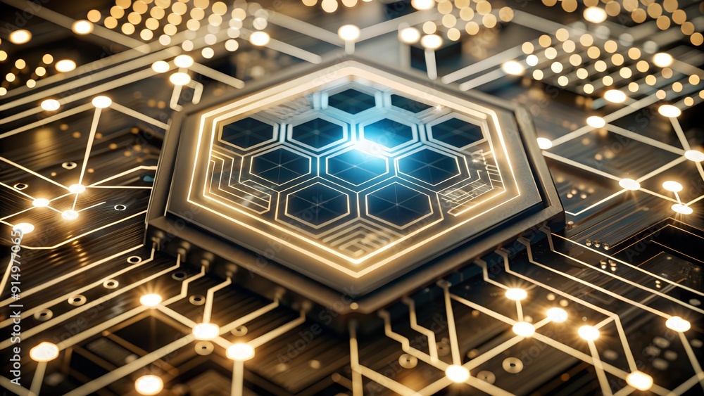 Poster futuristic blue digital circuit with hexagonal pattern and glowing nodes