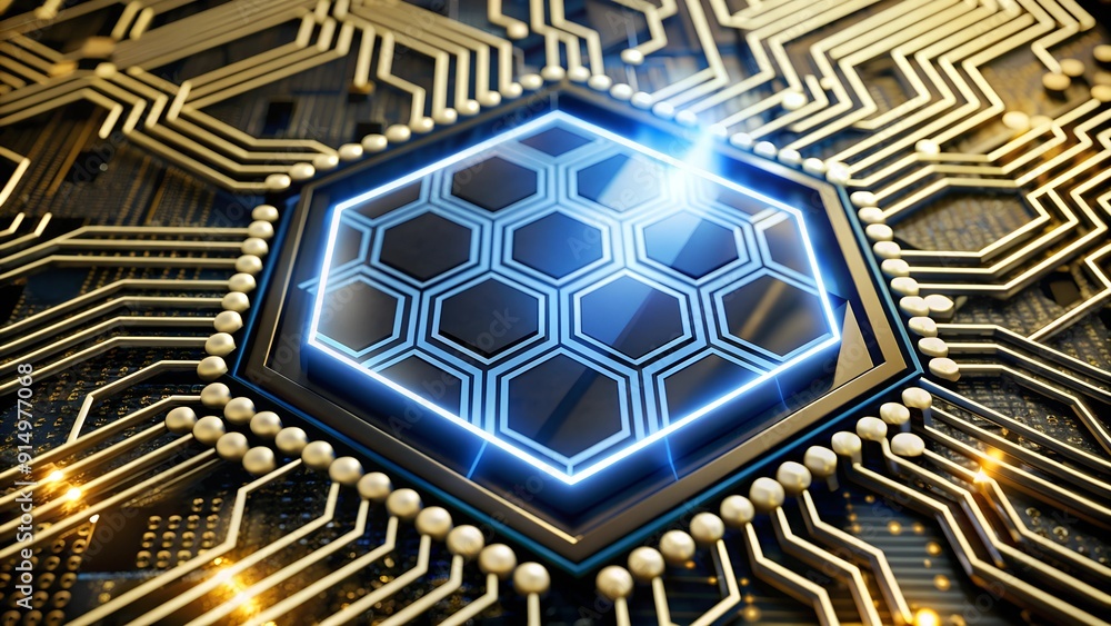 Poster futuristic blue digital circuit with hexagonal pattern and glowing nodes