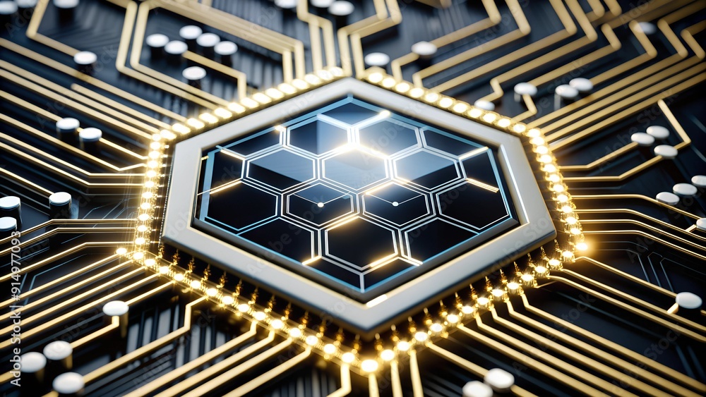 Poster futuristic blue digital circuit with hexagonal pattern and glowing nodes