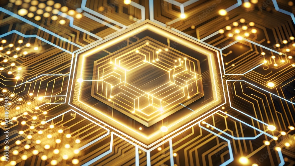 Poster futuristic blue digital circuit with hexagonal pattern and glowing nodes