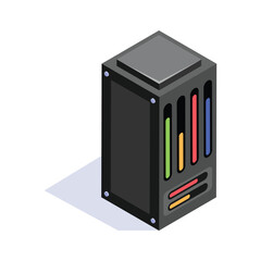 Isometric icon of a server rack with colorful indicators, used for data storage