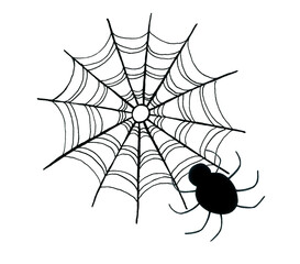 Illustration of a spider on a web. Round web. A big, fat spider in the lower right corner of the web. Silhouette in black. Isolated on white background.