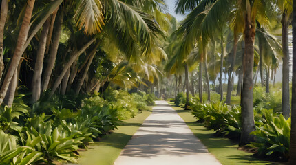 a long path between two palm trees and a grassy area