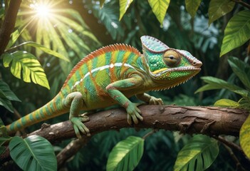 Obraz premium A vibrant chameleon perched on a branch with textured bark, showing its bright green and yellow scales, surrounded by lush tropical foliage. The sun filters through the leaves, ai