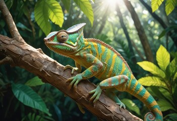 Fototapeta premium A vibrant chameleon perched on a branch with textured bark, showing its bright green and yellow scales, surrounded by lush tropical foliage. The sun filters through the leaves, ai