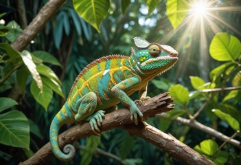 A vibrant chameleon perched on a branch with textured bark, showing its bright green and yellow scales, surrounded by lush tropical foliage. The sun filters through the leaves, ai