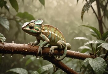 A chameleon on a branch in a rain-soaked jungle, droplets of water glistening on its vibrant skin, surrounded by dense, dripping greenery and mist., high detail, vintage sepia, ai