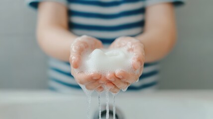 Fototapeta premium Child Washing Hands with Soap and Water - Hygiene and Cleanliness Concept - Close-Up of Hands with Soap Suds - Health and Safety - Personal Care and Sanitation - Preventing Illness and Germs