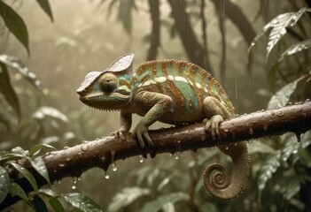 A chameleon on a branch in a rain-soaked jungle, droplets of water glistening on its vibrant skin, surrounded by dense, dripping greenery and mist., high detail, vintage sepia, ai