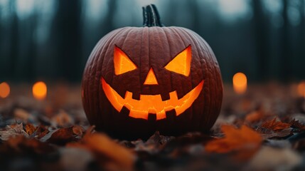 Obraz premium Glowing Jack-O'-Lantern in Autumn Forest with Flickering Candlelight Surrounded by Fallen Leaves