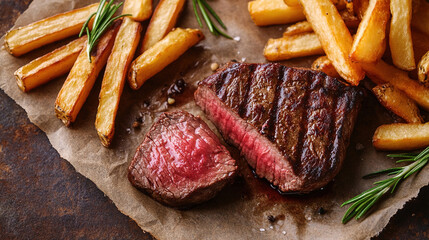 A juicy beef steak with rosemary and fries, side of vegetables. Juicy grilled beef steaks. Sliced medium rare beef steak. Sliced juicy steak. Sliced roast beef. Delicious piece of beef with spices.