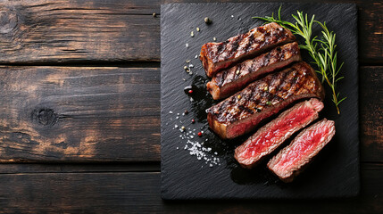 Delicious piece of beef with spices. Sliced beef steak with rosemary and salt on a wooden board. Juicy steak with a golden-brown crust. Sliced medium rare beef steak. Sliced roast beef. Grilled Steak