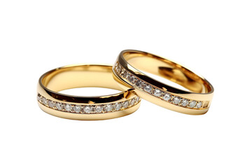 Exquisite Golden Wedding Bands With Sparkling Diamonds Displayed Elegantly on a Soft Velvet Background on Transparent PNG Background.