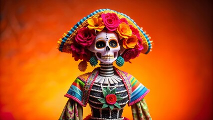 Day of the Dead Sugar Skull with Flowers and Orange Background.