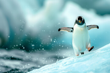 Fototapeta premium Cute penguin on an iceberg at snow storm. Generative AI