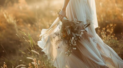 A woman is walking through a field of tall grass, holding a bouquet of flowers