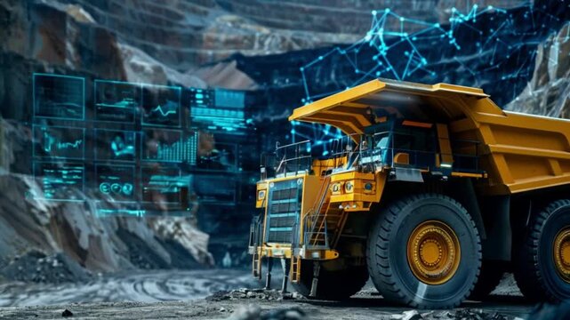 Large mining truck with digital interface for data analysis and automation in a quarry.