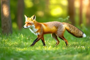 Fototapeta premium Red Fox hunting, Vulpes vulpes, wildlife scene from Europe. Orange fur coat animal in the nature habitat. Fox on the green forest meadow, ai
