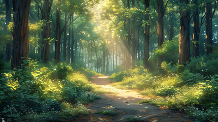 Obraz premium Serene Woodland Path with Dappled Sunlight, Inviting Trail through Slender Trees, Calm Nature Scene
