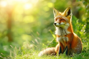 Obraz premium Red Fox hunting, Vulpes vulpes, wildlife scene from Europe. Orange fur coat animal in the nature habitat. Fox on the green forest meadow, ai