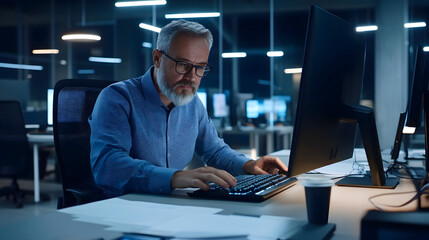 Mature man working late at a computer in a dimly lit office, focused on his tasks in a technology-driven environment