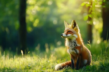 Obraz premium Red Fox hunting, Vulpes vulpes, wildlife scene from Europe. Orange fur coat animal in the nature habitat. Fox on the green forest meadow, ai