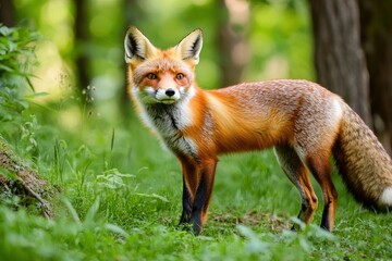 Red Fox hunting, Vulpes vulpes, wildlife scene from Europe. Orange fur coat animal in the nature habitat. Fox on the green forest meadow, ai