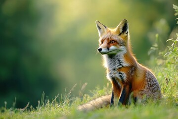 Red Fox hunting, Vulpes vulpes, wildlife scene from Europe. Orange fur coat animal in the nature habitat. Fox on the green forest meadow, ai
